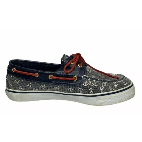 Womens Sperry Top-Sider Boat Shoes Nautical Red White Blue Anchors Sequins Sz 9 - Picture 4 of 10
